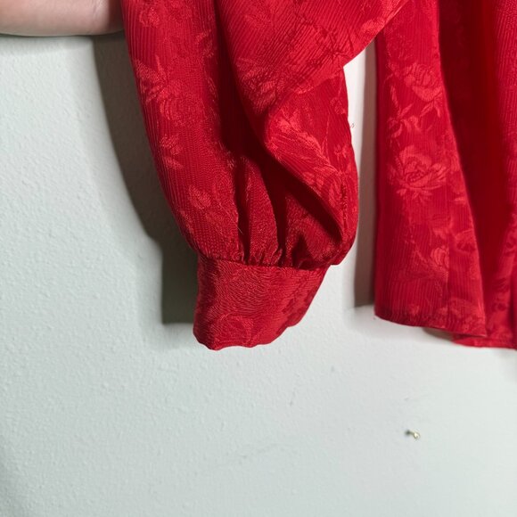 Jonathan Martin | Red Long Sleeve Mock Collar Jacquard Blouse - S - Picture 9 of 13